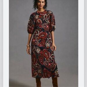 Anthropologie Kachel Paisely Puff Sleeve Maxi Dress Navy Pink Cream Size Medium